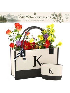Embroidered Canvas Tote Bag with Zipper Pockets Makeup Bag